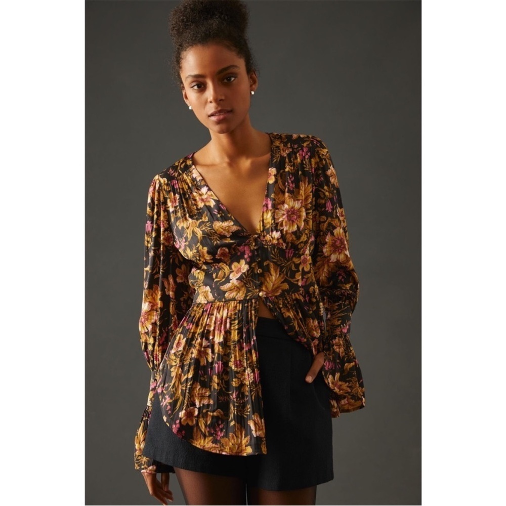 Anthropologie Floral Tunic Blouse Deep V Neck Button Front Black XS Boho Top NWT